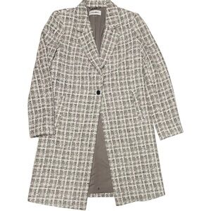 CALVIN KLEIN TWEETED ONE BUTTON LONG GRAY JACKET WOMEN NOTCH LAPELS PLAID SIZE 6